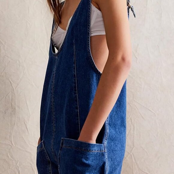 Women Casual Denim Short Overalls Rolled Cuff Barrel Shorts Jumpsuit Rompers - Picture 3 of 8